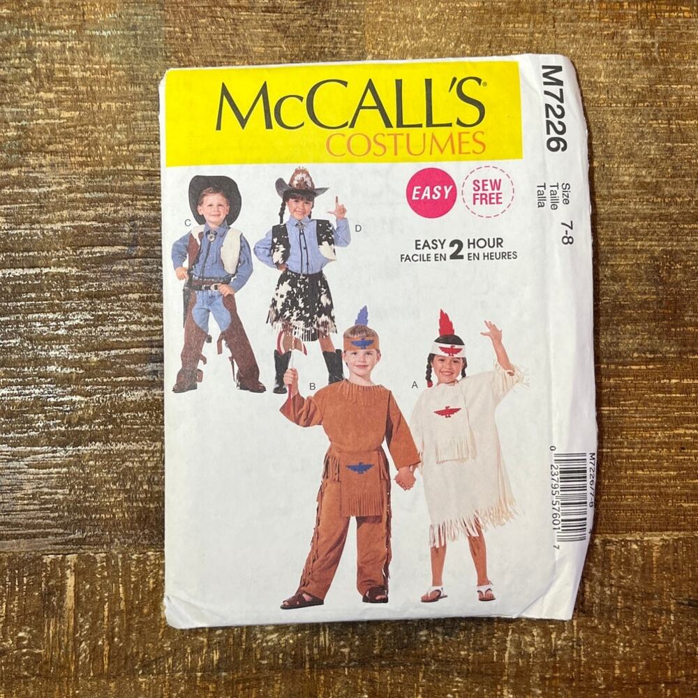 McCalls Sewing Pattern M7226 Boys Girls Childrens Costume Cowboy Indian 7-8UNCUT
